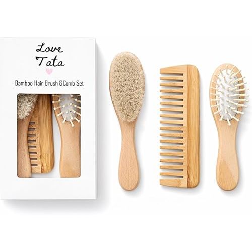 Luxury Baby Brush Set 3-Piece Bamboo Hair Brush & Comb Kit – Soft Goat Bristle Brush, Wooden Comb & Massage Brush for Newborns, Infants & Toddlers – Gentle Cradle Cap Care
