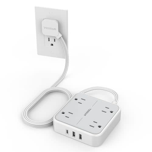 TESSAN Surge Protector Flat Extension Cord 5Ft, Flat Plug Power Strip with 4 Outlets 3 USB Ports (1 USB C), 900 Joules Protection, Multiple Wall Outlet Extender Suitable for Home Office Dorm, Grey