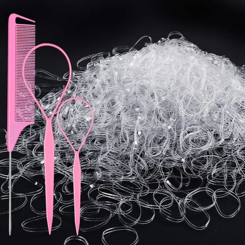 TsMADDTs Clear Small Rubber Hair Ties Set with French Braid Tool and Rat Tail Comb, 1000pcs Hair Elastics, Pink