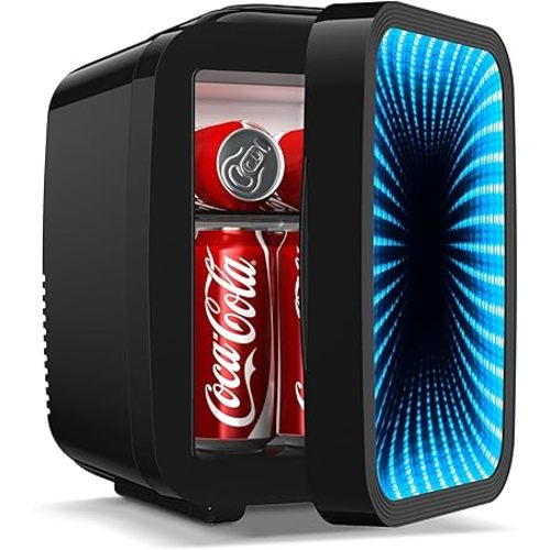 Mini Fridge, 4L/6 Can Small fridge with Dimmable Gaming Light for Bedroom,Office,Gaming room and Car,AC/DC Portable Thermoelectric Cooler & Warmer for Food, Drinks, Skincare,Black