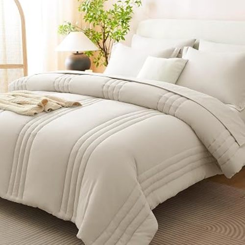 King Size Comforter Set Beige - 7 Pieces Bed in a Bag