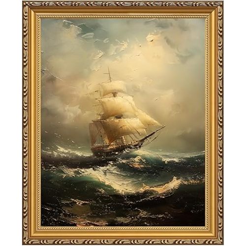 MIEVU Gold Framed Wall Art Vintage - Canvas Wall Art Prints for Living Room Decor Bedroom Home Bathroom, 11x14in Coastal Beach Sailboat Frame Wall Decor (Coastal 12)