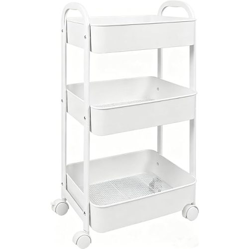 3-Tier Rolling Utility Cart with Caster Wheels,Easy Assembly, for Kitchen, Bathroom (White)