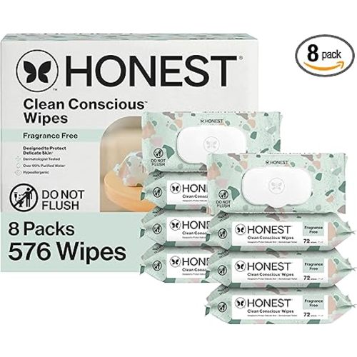The Honest Company Baby Wipes for Sensitive Skin, Hypoallergenic, Fragrance-Free, Multi-Use, Geo Mood Design, 576 Count (6 Packs of 96)