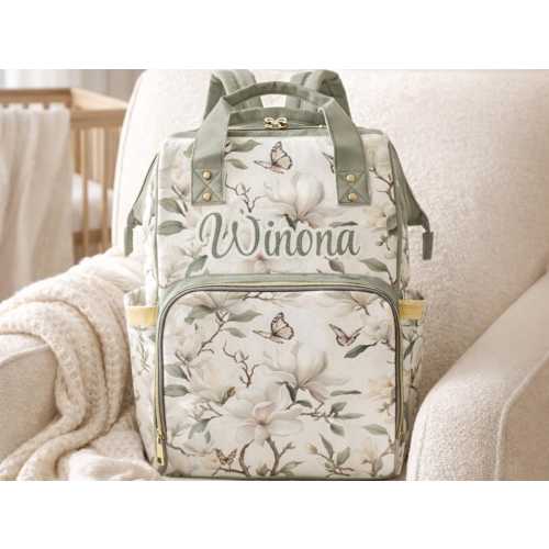 Floral Diaper Bag Backpack White Magnolia Baby Name Diaper Bag Floral Waterproof Diaper Bag With Flowers Mommy Bag Flower Baby Bag With Name