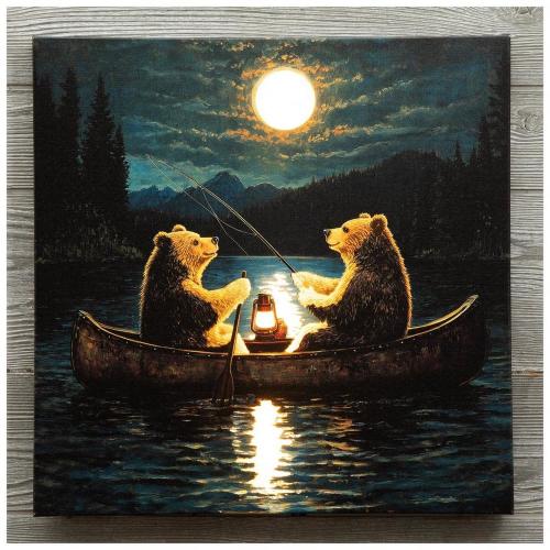 Bears Night Fishing LED Canvas Wall Decor