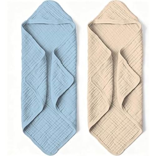 Organic Muslin Hooded Baby Bath Towels - 2 Pack 100% Organic Cotton Towel for Babies, Infants, Toddlers - 32x32Inch - Highly Absorbent and Newborn Essential (Brown Blue)