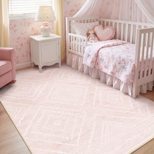 BESTSWEETIE 5'x7' Washable Area Rug for Living Room Bedroom Lightpink | Soft Western No Slip Low Pile Print Foldable Indoor for Kitchen Dining Room
