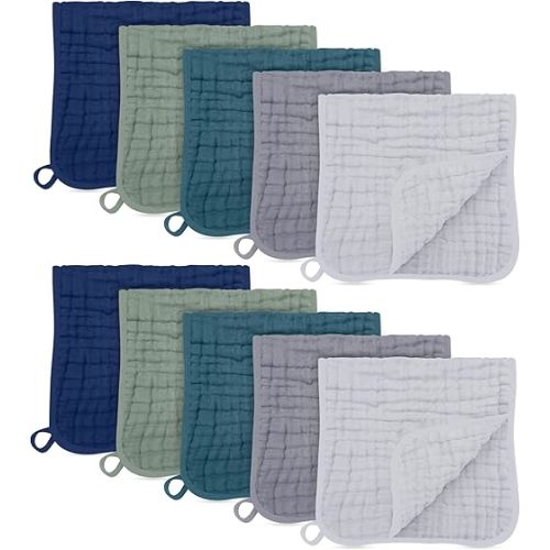 HIPHOP PANDA Muslin Burp Cloths, 10 Pack - Large 20" X10" - Ultra Absorbent and Soft 100% Cotton Baby Essentials Drool Rags and Messes for Newborn - ​Colorful Designs for Boy Girl, Gray Navy Fusion