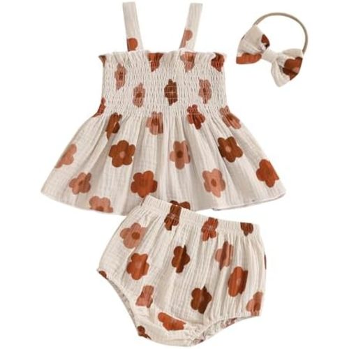 woshilaocai Baby Girl Summer Clothes Vintage Floral Sleeveless Smocked Tank Tops Bubble Shorts Bow Headband Cute 3Pcs Set