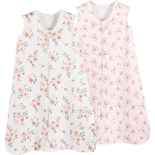david's kids 100% Organic Cotton Baby Sleep Sack 6-12 Months, Soft Baby Wearable Blankets with 2-Way Zipper, 2 Pack Comfy Sleeping Bags for Infant Newborn Boys Girls Neutral, Medium Size, Pink Floral