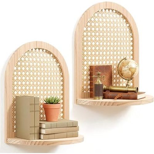 Rattan Shelf Set of 2 Small Floating Shelf Natural Hanging Bookshelf Storage Knick Knack Storage Boho Wall Decorative for Living Room Bedroom Office Plant Figurines Display
