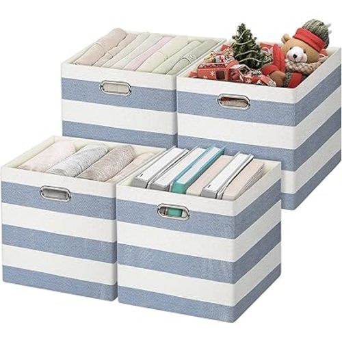 Posprica Collapsible Storage Bins,13×13 Fabric Storage Cubes Basket Containers Drawers for Nurseries,Offices,Closets (Set of 4, Blue-white Striped)