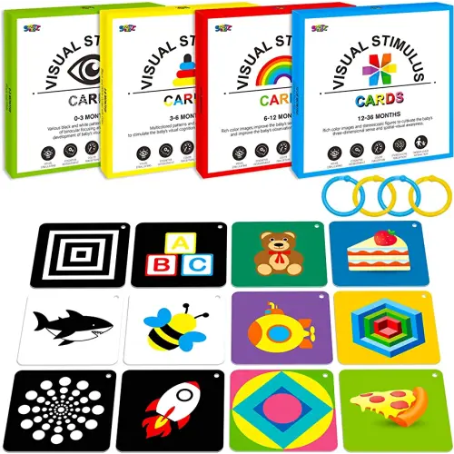 100 PCS 200 Page Black White Colorful 3D Visual Stimulation Baby Flashcard for Newborn Baby Infant Gift (4 Levels 0-36 Months, 5.5” X 5.5”)