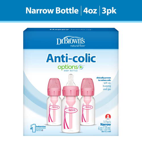 Dr. Browns Natural Flow Anti-Colic Options+ Narrow Baby Bottle, Pink, 4oz, Slow Flow, 0m+, 3 Pack