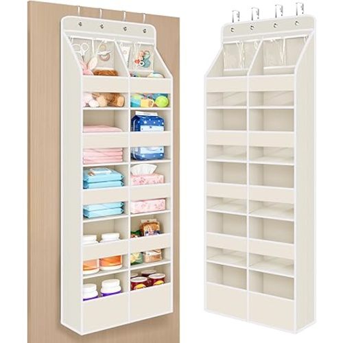 Univivi 6-Shelf Baby Door Storage Over Door Fabric Hanging Organizer with 10 Deep Pockets and 4 Small PVC Pockets Wall Mount Hanging Storage Organizers for Baby Essential (Beige)