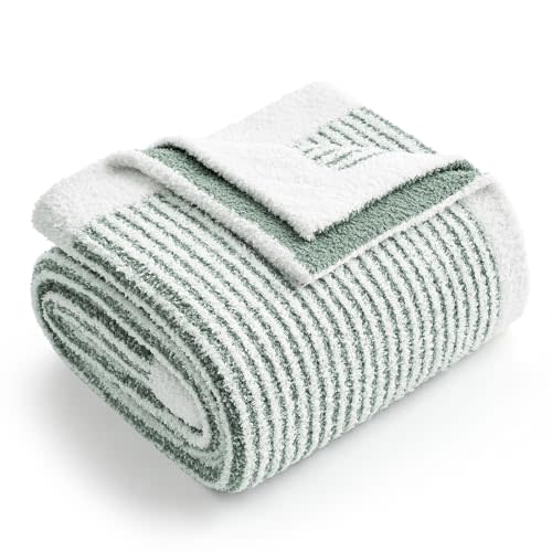 Snuggle Sac Warm Throw Blanket for Couch, Fuzzy Microfiber Knit Stripe Blankets for Couch, Sofa, Travel, Green Cream, 50x60 inches
