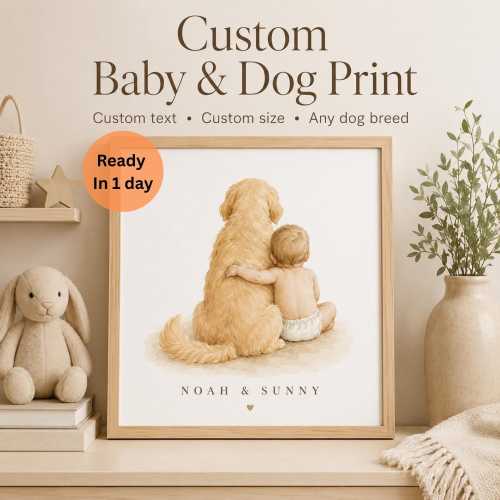 Dog Nursery Decor | Personalised Dog & Baby Print | Custom Dog Breed Nursery Wall Art | Baby Shower Gift For Dog Lovers (Digital Download)