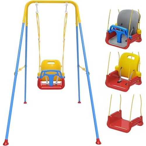 Toddler Swing with Soft Cushion, Foldable Indoor & Outdoor Baby Swing, Easy to Install & Store for Backyard Play (Blue)