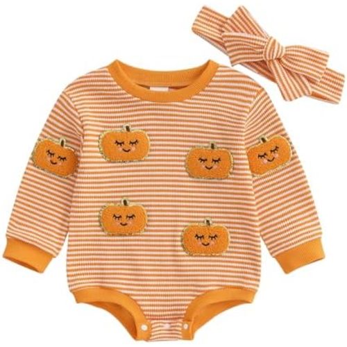 MERSARIPHY Newborn Baby Girl Boy Halloween Outfits Long Sleeve Stripe Waffle Knit Pumpkin Bubble Romper Fall Winter Clothes