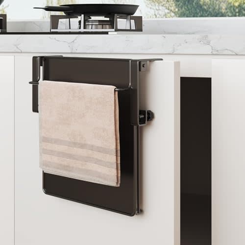 Metal Over Cabinet Door Towel Holder Rack Bar with Foldable Kitchen Counter Extender Shelf for RV,Camper(Black)