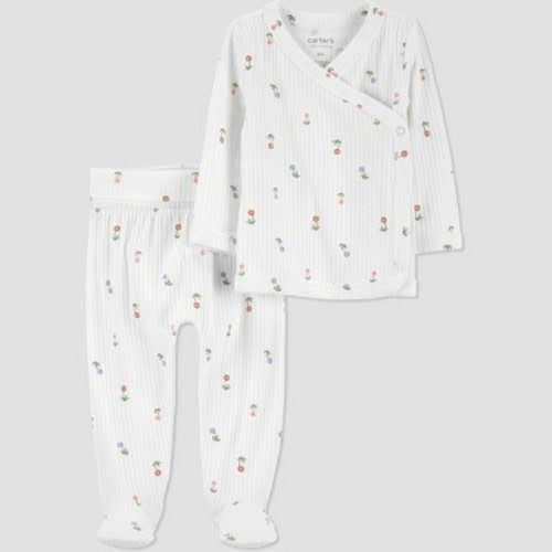Carter's Just One You® Baby Girls' 2pc Ivory Floral Cardigan Set - Newborn: Cotton Elastane Blend, Side Snap, Footed Pant