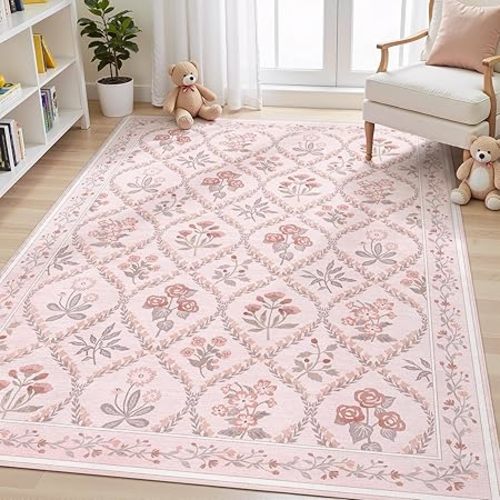 Dadasgk Pink Rug for Bedroom Girls, 5x7 Washable Rug for Floral Nursery Decor, Cute Soft Low-Pile Non Slip Indoor Floor Carpet for Baby Kids Room Playroom Living Room Dorm, Pink Multi