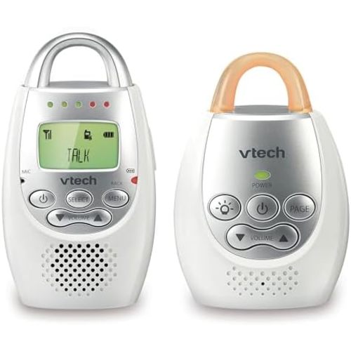 VTech Communications DM221 Audio Baby Monitor with up to 1,000 ft of Range, Vibrating Sound-Alert, Talk Back Intercom & Night Light Loop, White/Silver