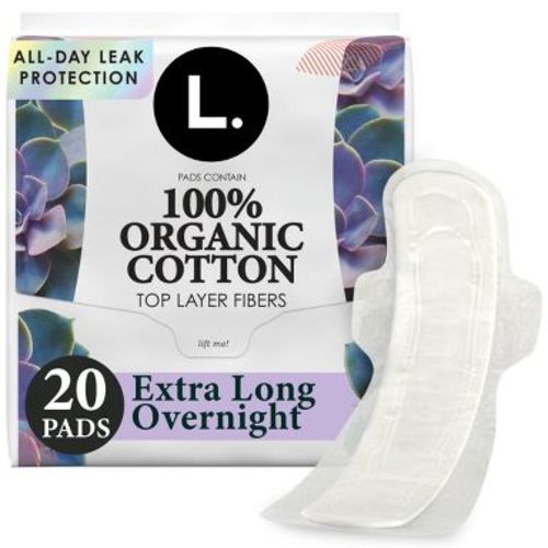 L. Organic Cotton Top Layer Maxi Extra Long Pads - Overnight Absorbency - 20ct
