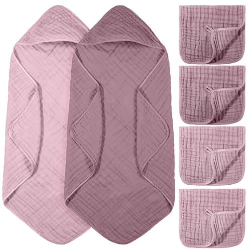 VitalCozy 6 Pcs Baby Muslin Hooded Bath Towels and Washcloths, Muslin Hooded Baby Towels Absorbent Blankets for Gift Newborn Infant Shower (Mauve,Peach Pink)