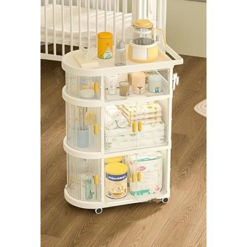 Baby Cart with Wheels, Drawers Rolling Bedside Caddy for Essentials, Kids Bookshelf and Toy Organizer, Rolling Diaper Cart(White,Height 33.4in/85cm)