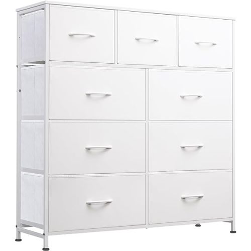WLIVE 9-Drawer Dresser, Fabric Storage Tower for Bedroom, Hallway, Closet, Tall Chest Organizer Unit for Bedroom with Fabric Bins, Steel Frame, Wood Top, Easy Pull Handle, White
