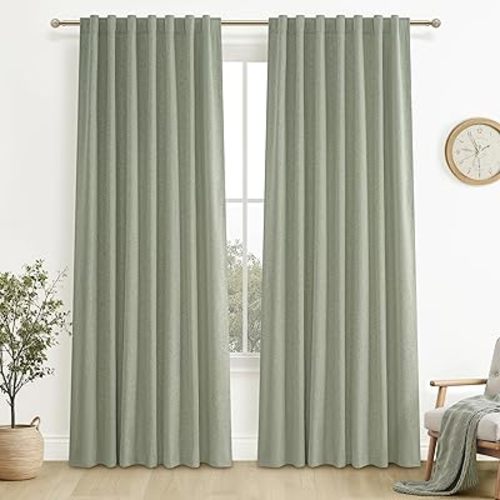 Sage Green Blackout Linen Curtains 84 Inches Long for Living Room Bedroom, Pleated Window Track Curtain with Pin Hooks Belt Boho Light Green Drapes Thermal Insulated (50"Wx84"Lx2Panels) Back Tab