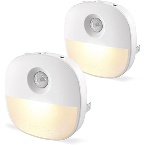 Lyridz Plug in Night Light with Motion Sensor and Dusk to Dawn Sensor, Dimmable Warm Nightlight with 1-50lm Adjustable Brightness Indoor for Bedroom, Bathroom, Stairs, Hallway, 2 Pack