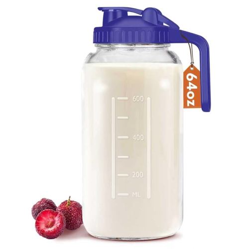 64oz Mason Jars Breast Milk Pitcher with Pour Spout and Lid, 2 Quart Glass Water Jug with Airtight Seal for Iced Tea, Juice, Milk, Coffee, Lemonade – Blue, 1 Pack