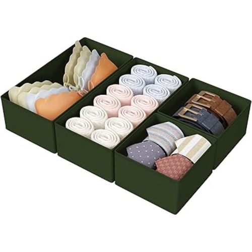 DIMJ Drawer Organizers Clothes, Set of 4 Dresser Organizer Bins, Fabric Closet Organizers and Storage, Shallow Drawer Dividers for Nursery, Clothing, Baby Clothes, Socks, Underwears, Tie (Green)
