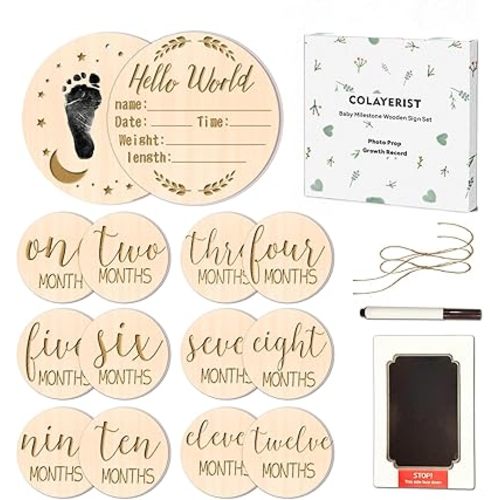 12PCS Baby Announcement Sign and Monthly Baby Milestone Set,Wooden Babys Monthly Milestone Classic Cursive Script, Hello World Newborn Sign with Ink Pad for Babys Photo Props
