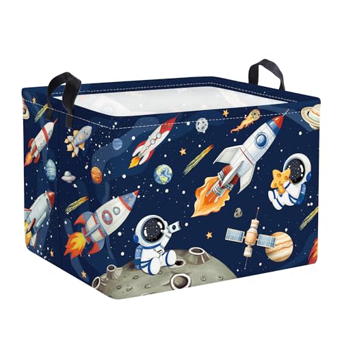 Space Rockets Laundry Hamper Cartoon Astronaut Large Storage Basket Planet Collapsible Parents Organizer Boys Clothes Toy Bins for Bedroom, Bathroom, Blue, 36L