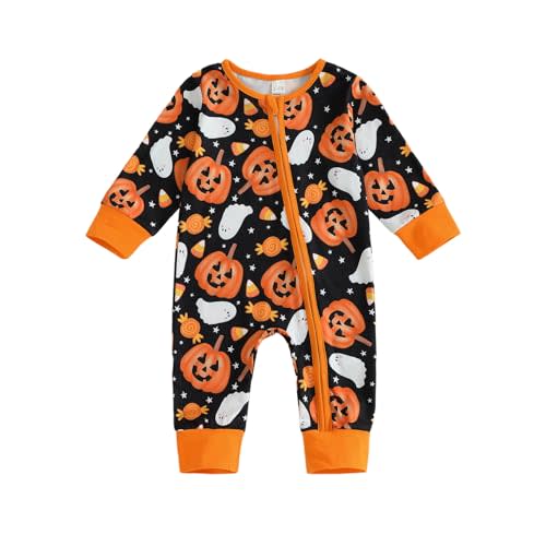 Newborn Baby Girl Boy Halloween Outfit Long Sleeve Pumpkin/Ghost Romper Zipper Bodysuit Jumpsuit Fall Clothes