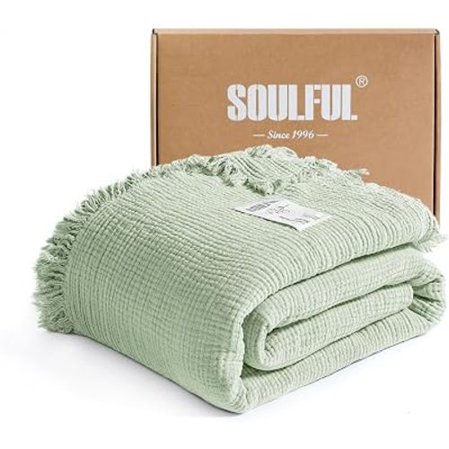 SOULFUL Muslin Throw Blanket with Tassels - Soft Cotton Throw Blanket for Couch or Bed, Lightweight and Breathable Gauze for All Seasons, Grassgreen, 50" x 60"
