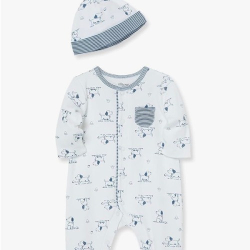 Little Me Baby Boy Clothes 2-Piece Baby Sleeper and Cap Set, 100% Cotton Footies Baby Essentials, Preemie to 9 months