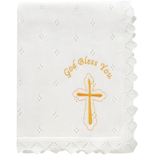 mimixiong Baby Christening Blanket Cotton Soft Knit with Stitching Cross Swaddle Blanket for Nursery Swaddling Baptism Gift Off White 30x40 Inch (White-glod)