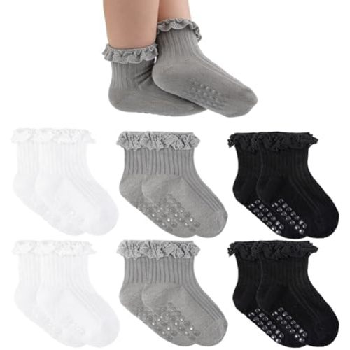 Baby Girl Anti Slip Grip Socks Cute Frilly Ruffle Ankle Socks Soft Breathable Cotton Non Skid Newborn Infants
