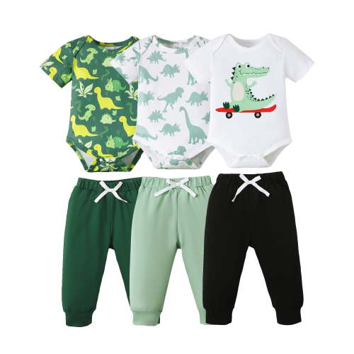 Kucnuzki Newborn Baby Boys Layette Gift Set 6-12 Months Bodysuit Pants Sets Short Sleeves Romper Top + Pants Dinosaur Print Clothing Sets 6pcs Outfits Green