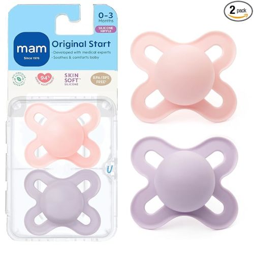MAM Original Start Matte Baby Pacifiers 0-3 Mths, BPA-Free Skin Soft Silicone Nipple, Developed with Medical Experts Specially for Smaller Newborn Mouths, Easy to Clean, 2 Pk with Sterilizer Case