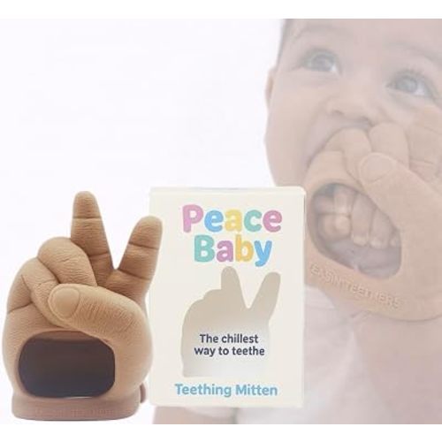 Teasin' Teethers Baby Teething Toy Silicone Peace Sign Teething Mitten for Babies Over 3 Months Anti Dropping Wrist Hand Teethers Baby Chew Toys for Sucking Needs, BPA Free (Dark Tan Tone)