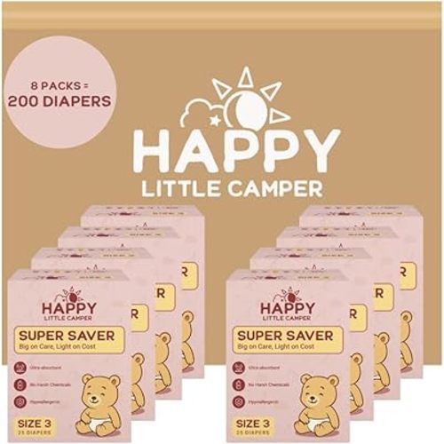 Happy Little Camper Super Saver Diapers, Size 3, 200 Count | Budget-Friendly Disposable Diapers for Sensitive Skin | Hypoallergenic, Fragrance-Free, Ultra Absorbent