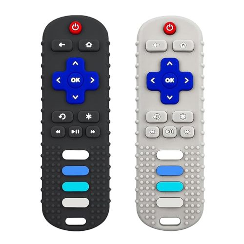 Baby Teething Toys, Food Grade Silicone Teether for Babies 3 6 12 18 Months, TV Remote Shape Toddlers Chew Toys, Freezer BPA Free (Black+Beige)