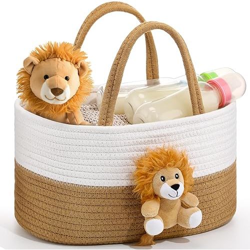 FoldTier Lion Baby Diaper Caddy Organizer Cotton Rope Nursery Storage Bin Basket Baby Shower Basket Gift Portable Holder Tote Bag with Handle for Changing Table Car Travel Registry Gift