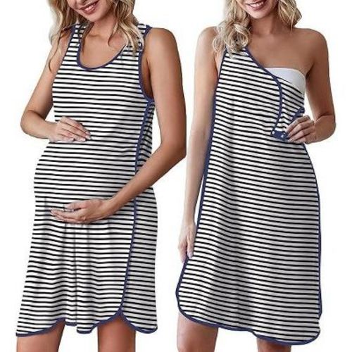 Ekouaer Labor and Delivery Gown for Hospital 3 in 1 Nursing Dress Sleeveless Maternity Snap Button Breastfeeding Nightgown Navy Striped M